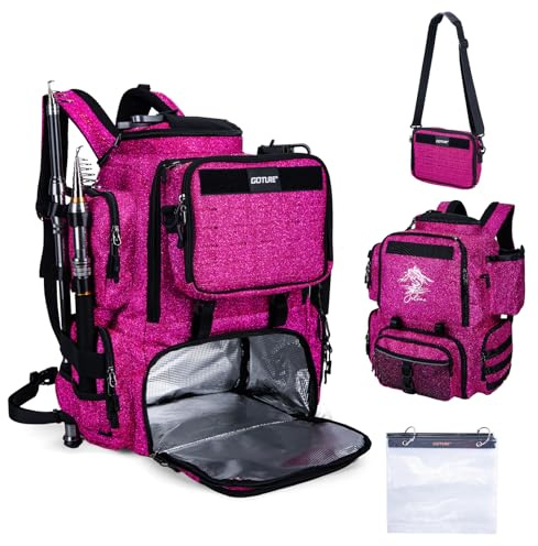 Goture Angelrucksack, 58L 900D wasserabweisend, isoliert, Angelrucksack mit Kühler, Rutenhalter, 8 Ködertaschen, abnehmbare Umhängetasche, Ausrüstungsaufbewahrung, große Angeltasche für Camping