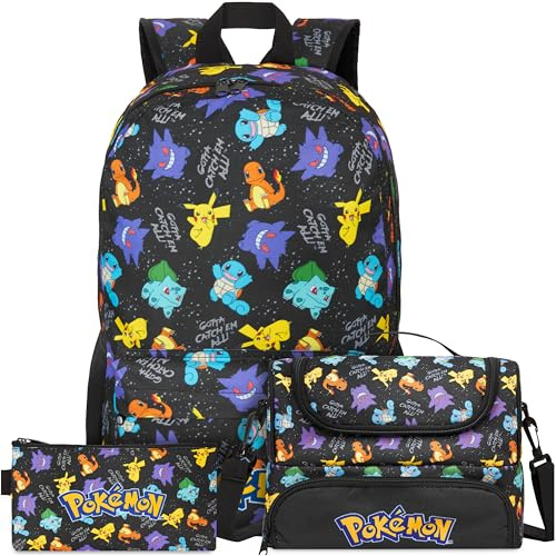Get Trend Pokemon Mochila Escolar Set de 3 Piezas con Grande Mochila Niño 46x32x16 cm, Estuche y Bolsa Isotermica, Regalo Niños (Negro/Multi Pokemon)