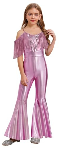 inhzoy Tuta Intera da Ginnastica Artistica Bambina Body Danza Classica Moderna con Frange Paillettes Balletto Leotards Jumpsuit Abito da Ballo Latino Americano Tango Rosa 11-12 anni
