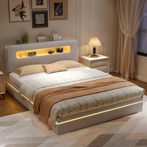 Ptueer Polsterbett 140x200 cm mit Stauraum, Hydraulisch Stauraumbett mit LED, Doppelbett Boxspringbett, Jugendbett mit Kopfteil mit Stauraum, Bettgestell mit Lattenrost, Samt (Weiß, 140cm)