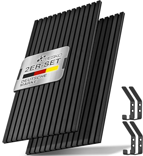 TRESKO® 2 Stück Akustikpaneele Holz 120×60x2,1 cm inkl. Kleiderhaken | Wandverkleidung Eiche Schwarz als 3D Lamellenwand | Holzpaneele Paneele für Schallschutz | Akustik Wandpaneele mit Montageset