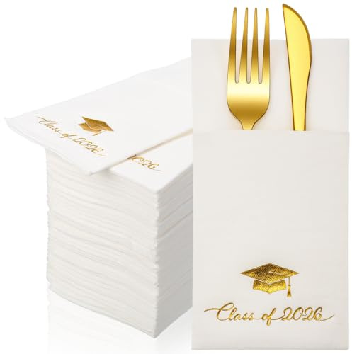 Ctosree 50 Pack Class of 2026 Graduation Disposable Napkins with Built in Flatware Pocket Gold Foil Linen Prefolded Paper Napkins Dinner Hand Towel for Silverware Congrats Grad Party Table Supplies