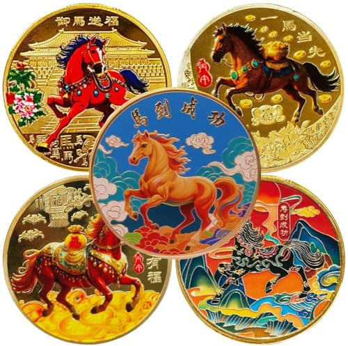 Ericetion Pièces De Monnaie Chinoises De Collection, Année 2026, Signe du Zodiaque Chinois (Cheval), Lot De 5, Souvenir Idéal pour Les Célébrations du Nouvel an Chinois.