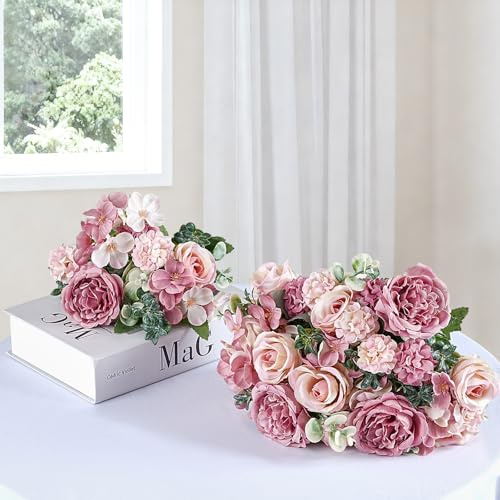 BrillShine Konstgjord rosa pion hortensia bukett gjord av siden för hem bröllop fest dekoration