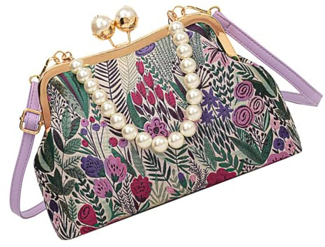 Bolso de hombro bordado de inspiración vintage, estilo tradicional, bolso cruzado para mujer, con cadena de perlas, bolso de hombro vintage para mujer, Purple