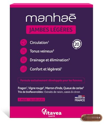 Vitavea Santé - Manhaé Jambes Légères - Vigne Rouge Fragon Cassis - 1 mois | Retour Veineux & Circulation - Tonus Veineux - Sélénium Protection Cellulaire - 7 Actifs - Fabriqué en France