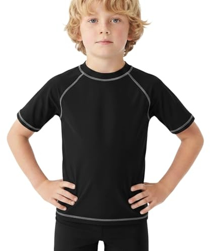 Rash Vest Boys Short Sleeve, UPF 50+ Kids Rash Guard Swim Shirts, Quick Dry Swim Top 3-12 Years for Beach Pool Water Sports