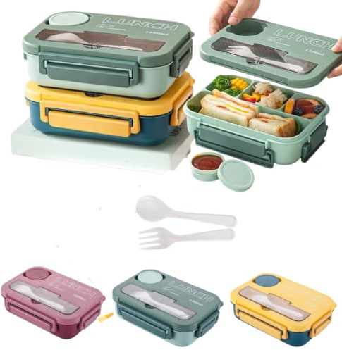 SNAXU RSM Lunch Box 1300ML, Leakproof Bento Lunch Box with 4 Compartments, BPA Free Lunch Box Adults, Sandwich Box, Meal prep containers for, Office, Work, Picnic & Travel ((Yellow)+(Green) 2pcs)