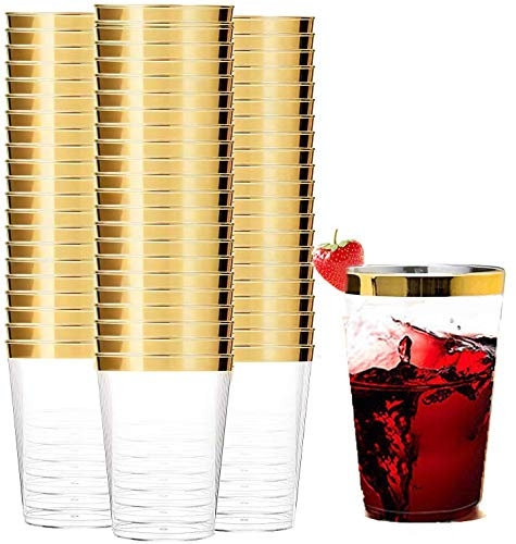 Tebery 100 Pack Gold Plastic Cups Tumblers, 10oz Clear Reusable Wedding Cups Elegant Party Cup with Gold Rim