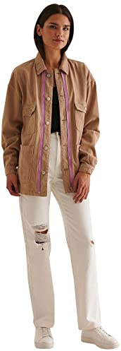 NA-KD Chaqueta ligera de algodón con detalle de rayas para mujer, Oscuro Beige, 50