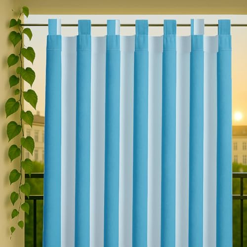 Byour3 - Outdoor Vorhang mit Stoffschlaufen Wasserdicht Anti-Schimmel Sonnenschirmtuch mit Stoffringen für Pavillon Veranda Laube UV-Verdunkelungsvorhang (Streifen Türkis, B.155 x 285 L)