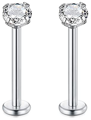 Rajnard 16G Labio Piercing Stud Plata Acero Quirúrgico 14mm Labret Monroe Mejilla Lengua Hélix Cartílago Tragus Pendientes Stud Piercings Cuerpo Joyería con 4mm Zircon para Mujeres Hombres