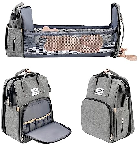 Jalann Baby Changing Bag, Nappy Changing Bag with Changing Mat, Large Capacity Baby Bags for Mum, Waterproof Portable Changing Bags Backpack with Foldable Cot Bed, Stroller Straps for Travel (Grey)
