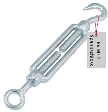 Drahtseil Spanner Spannschloss Drahtspanner Auge-Haken/Öse-Öse M12 M10 M8 M6 Sonnensegelbefestigung verankern Seilspanner Spannschlösser (Haken-Öse, 6 Stück, M12)