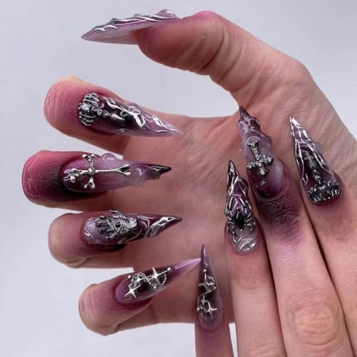 Clataly 24Pcs Halloween Presse auf Nägel Französisch Stil Lila Flamme Halo mit Kreuz Spinne 3D Dekoration gefälschte Nägel für Frauen (B, 24)