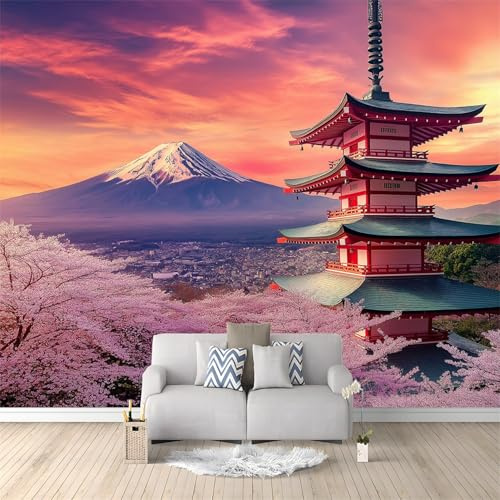 Papier Peint Panoramique 200 x 140 cm, Paysage Japonais Mont Fuji Personnalisé Poster Photo Mural, Papier Peint Décoration Murale Salon Chambre á Coucherr Bureau Enfant Chambre, Rose