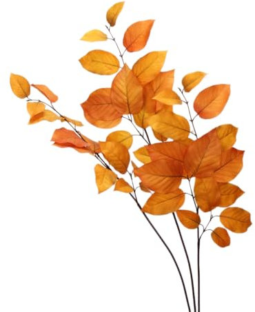 Hojas artificiales de otoño, hojas de haya roja de 76 cm con 15 hojas por tallo, 3 hojas rojas, perfectas para decoración de otoño, adornos de corona y ramos (naranja)