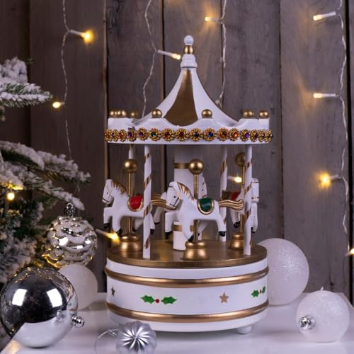 mysmartbuy.com White & Gold Wooden Carousel Music Box Christmas Decoration – Fully Mechanical Rotating Festive Xmas Home Decor Ornament for Table, Windowsill, Fireplace – Measures H23 x 14cm Diameter
