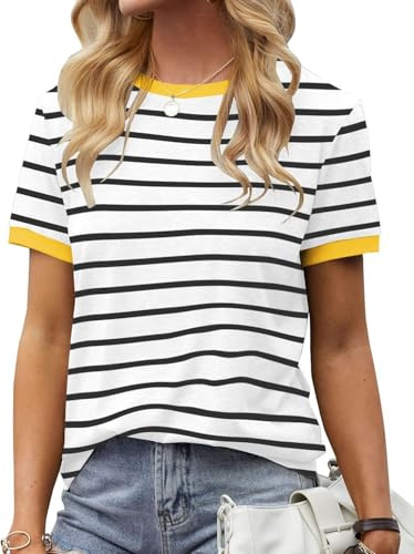 Fisoew Camiseta de rayas para mujer, cuello redondo, manga corta, básica, a rayas