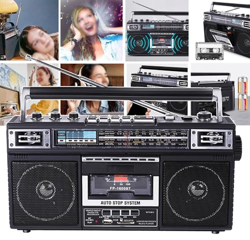 QIeAny Radiocassette rétro, Lecteur MP3/AM/FM Boombox, Double Haut-parleurs à Volume élevé | Fonctions USB, Carte SD et sans Fil | Enregistrement/Transcription - Style Classique des années 80,Black