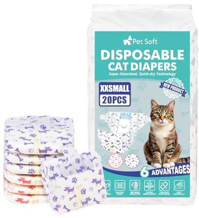 Pet Soft Puppy Cat Nappies, 20 Count Super Absorbent Disposable Cat Diapers for Female Pets in Heat/Season/Incontinence with Wetness Indicator (XXS-20 Count)