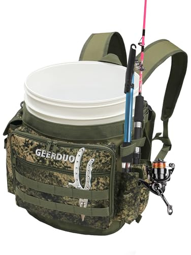 GeerDuo Fishing Bucket Backpack with Rod & Plier Holder and Pockets for Fishing, Hunting, Apple Picking for 5 Gallon Bucket (Camo)