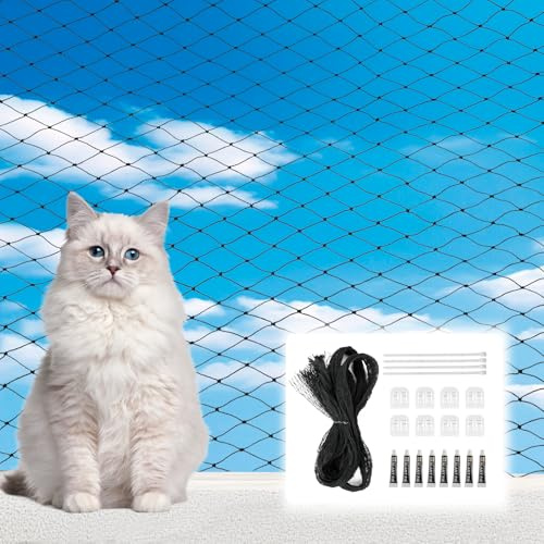 Kattnät för balkong utan borrning, bläck självhäftande krok, silikonlim och buntband av nylon, 3 x 5 m kattnät starkt utan borrning & väderbeständigt, lätt med kattskyddet balkong