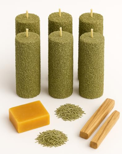 YA-DECOREGALOS 6 VELAS HECHAS A MANO DE CERA PURA DE ABEJA NACIONAL CON ROMERO ESPECIAL RITUAL DIAS 11 Y 22 SIN PARAFINA MECHAS DE ALGODON + 2 PALOS SANTOS PARA PURIFICAR ESPACIOS