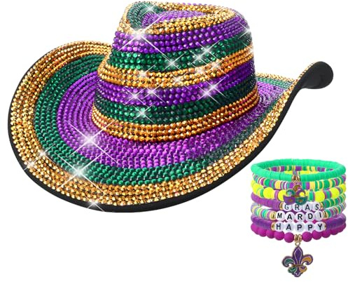 Meng Jiaran Western Style Cowboy Hat for Men and Women, Glitter Cowboy Hat with Bead Bracelets Wide Brim Cow Hat for Festivals Fancy Dress Cosplay Music Concerts
