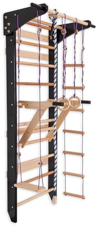 Échelle suédoise noire avec barres parallèles pour enfants et adultes – Mur d’escalade en bois, équipement de fitness multifonction avec toise, anneaux, échelle, balançoire et prises de dips étroites/
