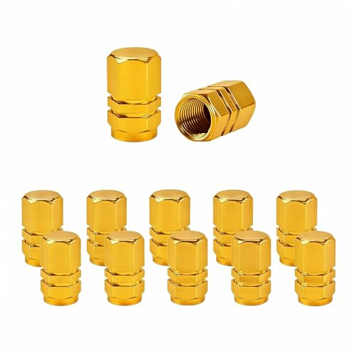 StratoNex Luftkappen aus Aluminiumlegierung, farbige Reifenventilkappen, Ventilkappen, Reifenventil-Mundkappen, Reifenstaubkappen, 12 Stück (Gold)