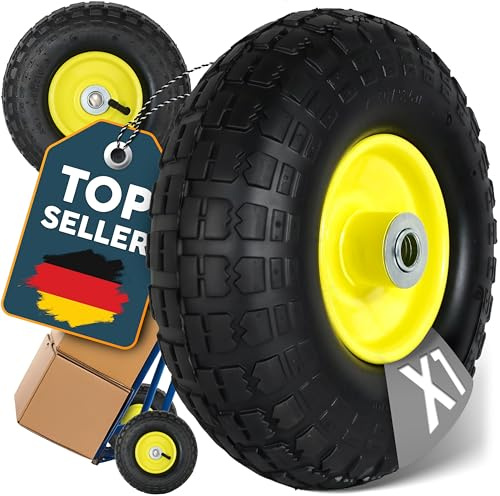 FROSAL Ersatzrad 4.10/3.50-4 (260×85) – Luftreifen mit Kugellager – Nabenlänge 50 mm – Achse Ø 16 mm – gelbe Stahlfelge – mit praktischem Autoventil – für Bollerwagen & Sackkarren