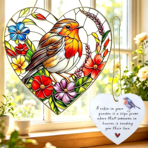 Norhogo 2 PCS Robins Suncatcher and Heart Ornament Set, Acrylic Robin Suncatcher, Memorial Garden Ornaments for Nature Lovers, Garden Decorations Gifts for Living Room, Window and Outdoors Decoration