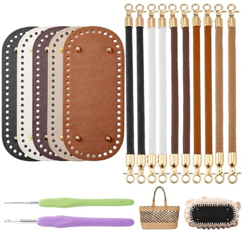 PH PandaHall 5 + 10 bases para bolsas de ganchillo con asas de bolso, 5 colores, bolsas de cuero, correas de punto, ganchillo, moldeador inferior con 2 ganchos de ganchillo para manualidades, bolsos