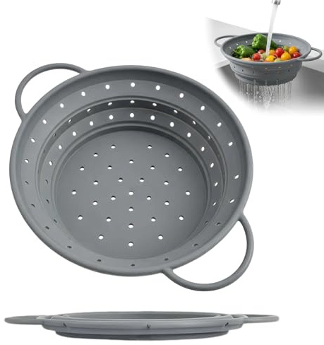 Nudelsieb Faltbar, 28cm Silikon Faltbares Sieb,Abtropfsieb | Küchensieb für Küche Camping Abtropfen von Nudeln Obst Gemüse, Spülmaschinenfest (Grau)