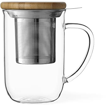 VIVA Minima Balance Teeglas mit Sieb & Bambusdeckel, 500 ml | Doppelwandig und hitzebestaendig, haelt Getraenke laenger warm. Fuer Tee, Kaffee, Cappuccino.
