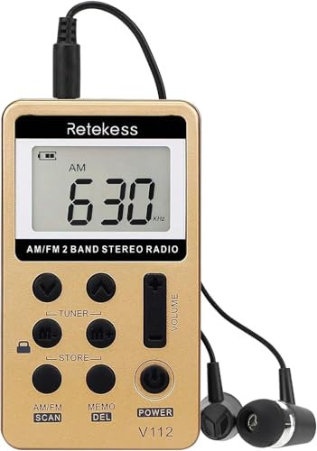 Retekess V112 Pocket Radio Headphones,Small Radio Portable,Rechargeable Battery,Sleep Timer, LCD,Lock Switch, Outdoor,Camping,Sports,Fishing(Gold)