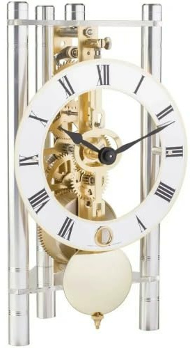 Hermle Skelett-Tischuhr mit eloxierten Aluminiumsäulen - Dreieck 23023-X40721, römisches Zifferblatt Druck, Silber, Werk Messing, 19,5cm x 11cm x 9cm