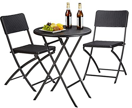 Relaxdays Gartenmöbel Set Bastian, klappbar, 3-teilig, Rattan-Optik, klein, HBT Tisch: 75,5 x 60 x 60 cm, schwarz