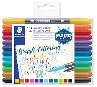 STAEDTLER 3004 TB12 Doppelfasermaler Handlettering (feine Spitze und Pinselspitze) Klarfaltetui mit 12 leuchtenden Farben