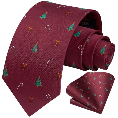 HISDERN Christmas Burgundy Ties for Men Xmas Novelty Tie and Pocket Square Festive Party Funny Necktie Gift Set