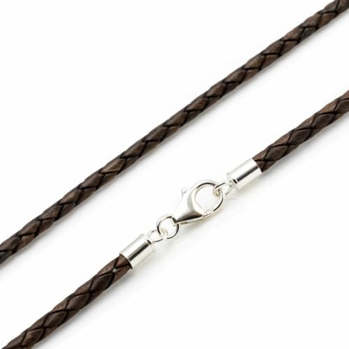 CMJ London Men's/Ladies Braided Leather Necklace with Sterling Silver Carabiner Clasp – Genuine 3mm Braided Leather Cord – Handmade in the UK – Choice of 8 Colours