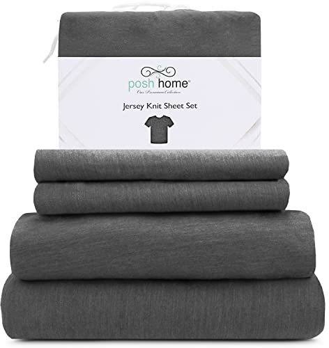 Posh Home Jersey Knit Sheet Set – 4-Piece Jersey Bed Sheets – T-Shirt Breathable & Soft Cotton Jersey Sheets - Includes Flat Sheet, Jersey Fitted Sheet, & 2 Pillowcases - King Jersey Sheets, Gray