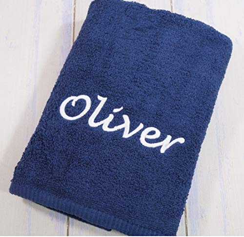 Personalisiertes Handtuch mit Namen oder Text – Graphitfarbenes Frottee Badetuch 70x140 cm aus 100 % Baumwolle – 500 g/m² – Bestickt – OEKO-TEX – Geschenk für jeden Anlass (Marineblau, 70 x 140 cm)