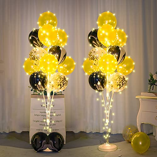 Lot de 2 supports de ballons noirs et dorés pour le sol avec lumières – Kit de 2 supports lumineux pour ballons utilisés pour les anniversaires de mariage et la décoration de fête pour rendre vos