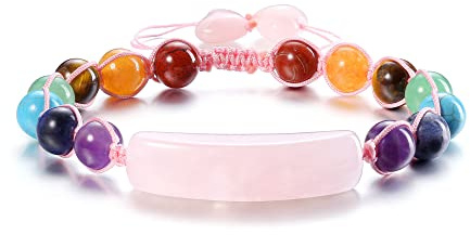 GEHECRST Schmuck 7 Chakra Armband Mit Herz Anhänger - Glücksarmband Steine, Yoga, Rosenquarz Geflochten Einstellbar - Healing Reiki Energietherapie Glückbringen