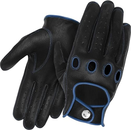 J.A.G. JAG Full Finger Leather Driving Gloves - Cowhide Motorcycle Gloves for Men and Women | Cyclingm Driving Glove (Blue, Medium)