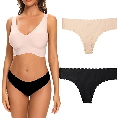 NiceYnn Lot de 2 Culotte Chic Femme Bord des Vagues Beige Noir S