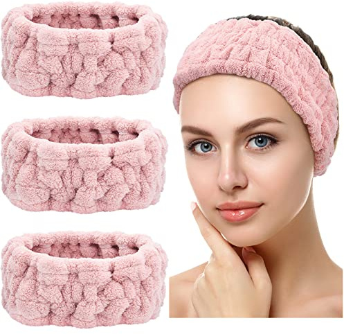 3 Diademas Faciales de Spa para Maquillaje y Lavar Cara Bandas de Cabeza de Envoltura de Toalla Elásticas para Niñas Mujeres Ducha Deportiva Yoga (Rosado)