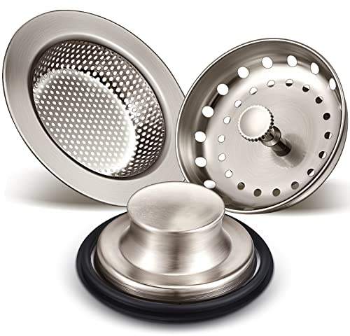 Mudder - Kitchen Sink Strainer, Drain Plug and Waste Collector Set with Handle, Stainless Steel Kitchen Sink Waste Collector Set, Anti-Clogging Set, 3 Pieces (Brushed Silver)